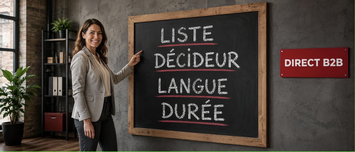 Conseillère présentant les facteurs qui font varier le prix d'un mandat de prospection : liste, décideur, langue, durée