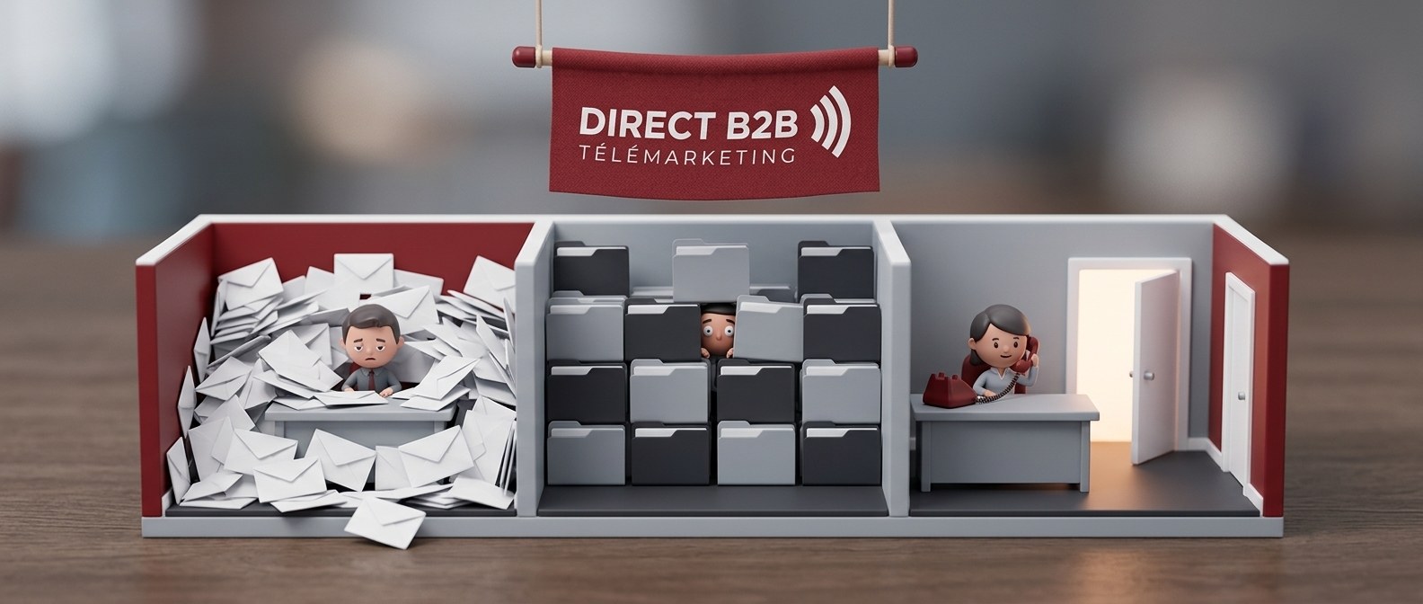 Rejoindre décideurs B2B injoignables : diorama de trois bureaux, courriels empilés, dossiers bloqués et un appel qui passe