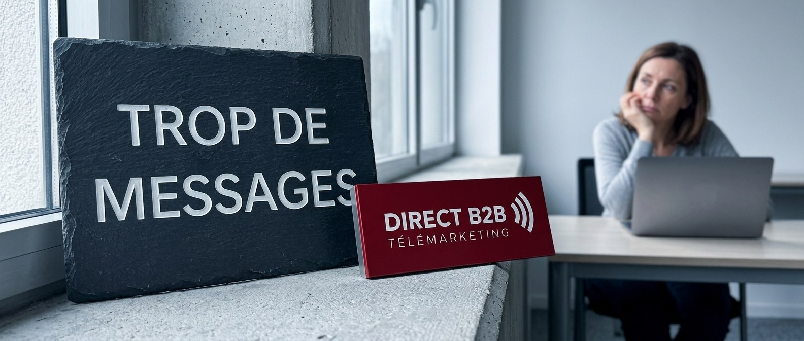 Ardoise gravée Trop de messages devant une gestionnaire lassée par sa boîte de réception