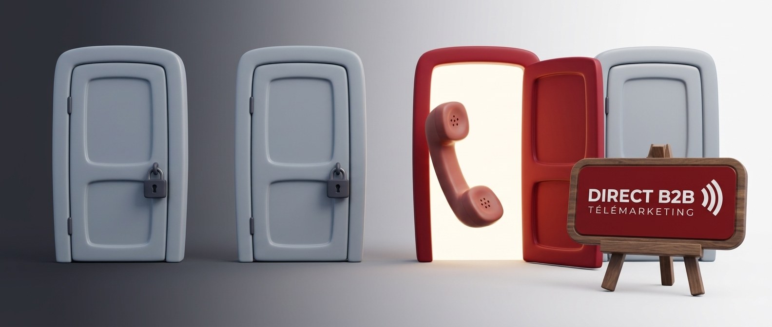 Quatre portes dont une seule ouverte avec un combiné téléphonique, les canaux de prospection B2B en 2026