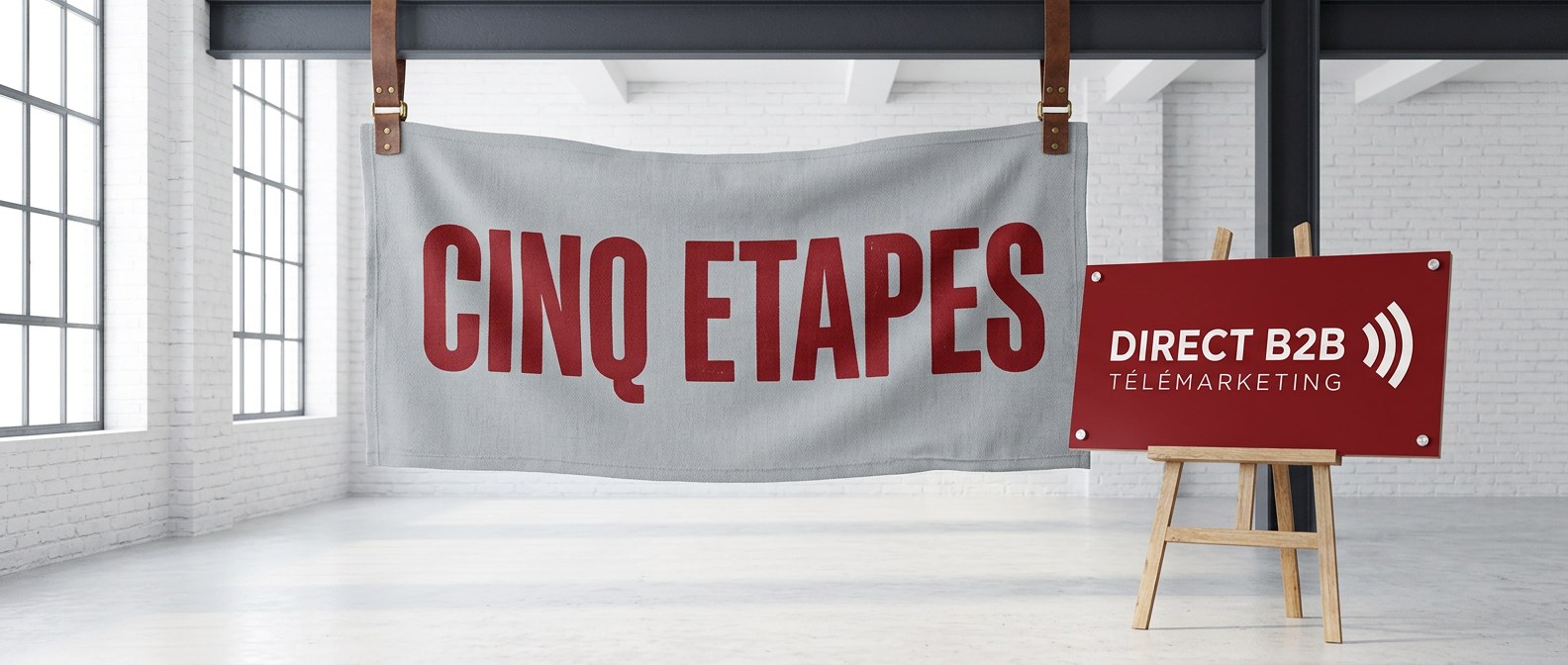 Banderole de tissu Cinq étapes suspendue dans un espace de travail