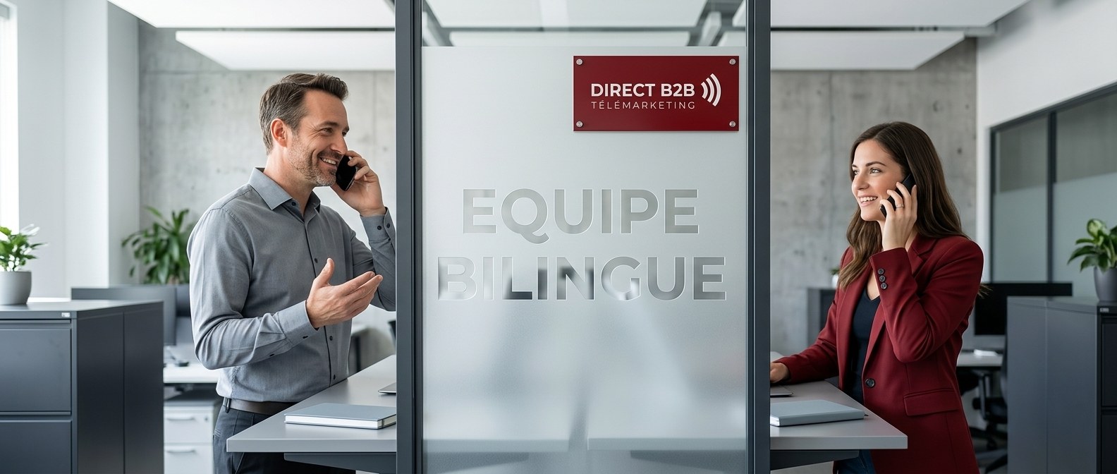 Équipe bilingue gravée dans une cloison de verre, deux représentants en appel vers le Reste du Canada